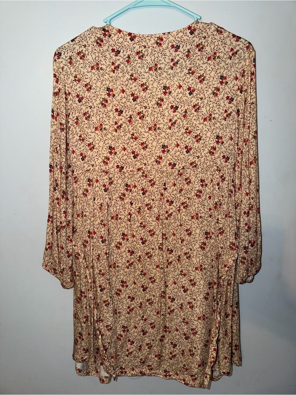 Zara Beige Floral Long-Sleeve V-Neck Dress with Red Accents - Picture 4 of 4